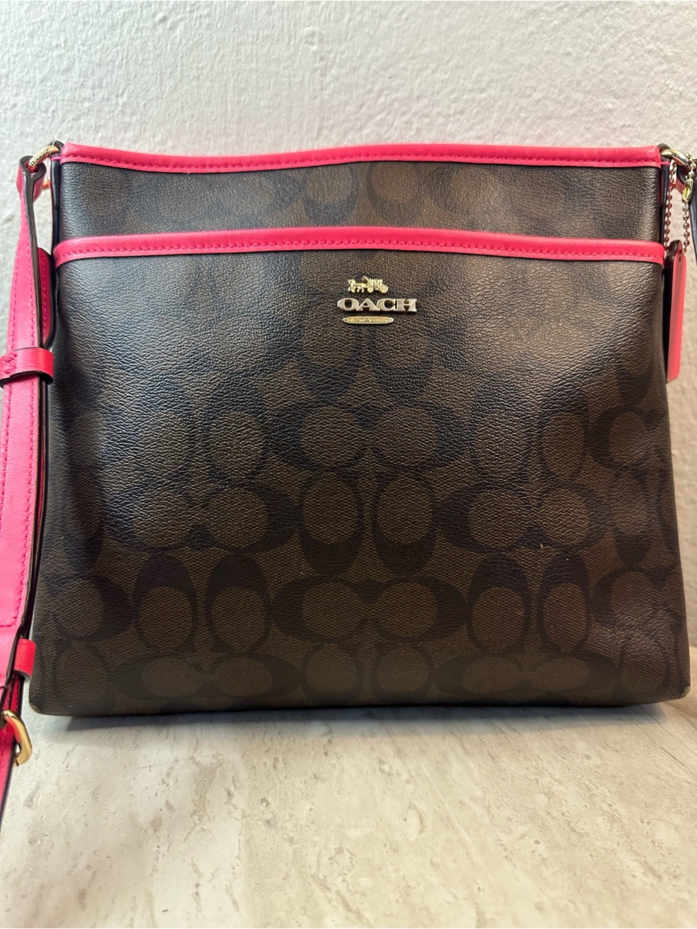 Coach Brown Signature Crossbody with Pink Trim